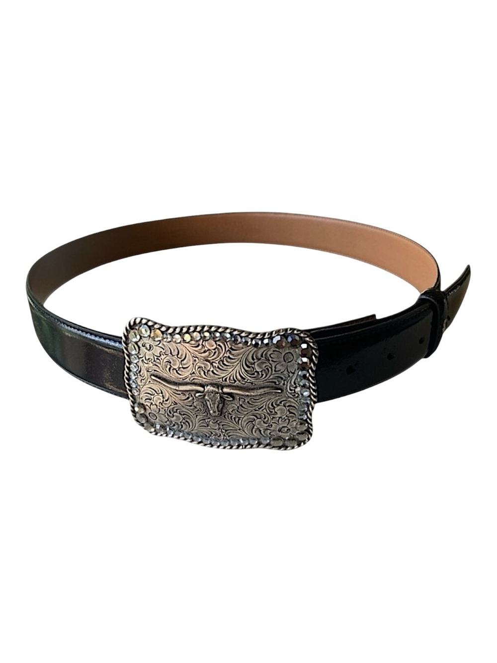 NOCONA ANTIQUE METAL RHINESTONE STEERHEAD BUCKLE/LEATHER BELT